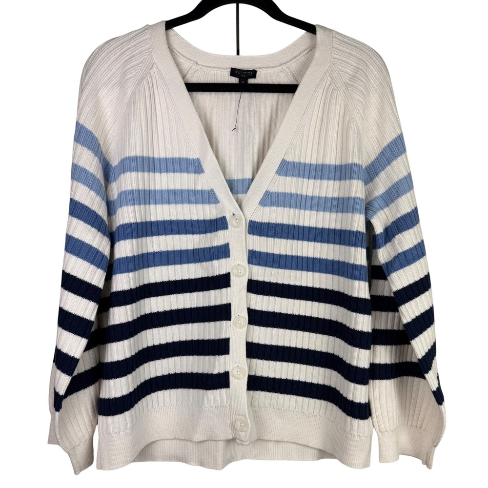 Talbots Plus Striped Ribbed Cardigan Sweater Ivory Blue V-Neck Button 1X NWOT